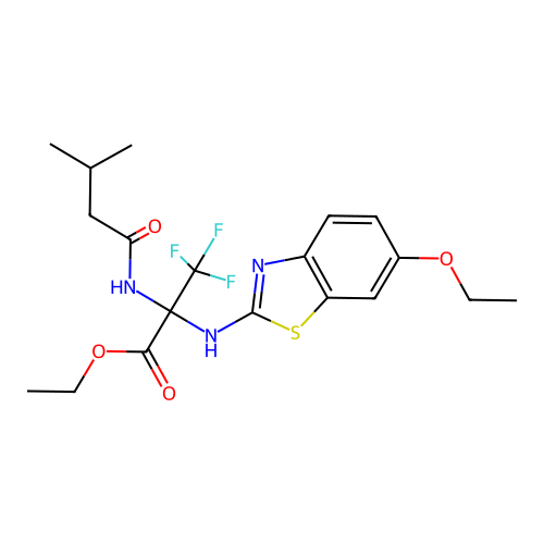 ethyl 2-((6-ethoxybenzo[d]thiazol-2-yl)amino)-3,3,3-trifluoro-2-(3-methylbutanamido)propanoate structure