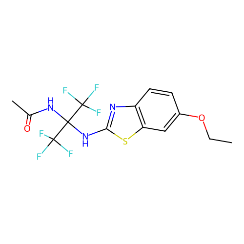 N-[2-[(6-ethoxy-1,3-benzothiazol-2-yl)amino]-1,1,1,3,3,3-hexafluoropropan-2-yl]acetamide structure
