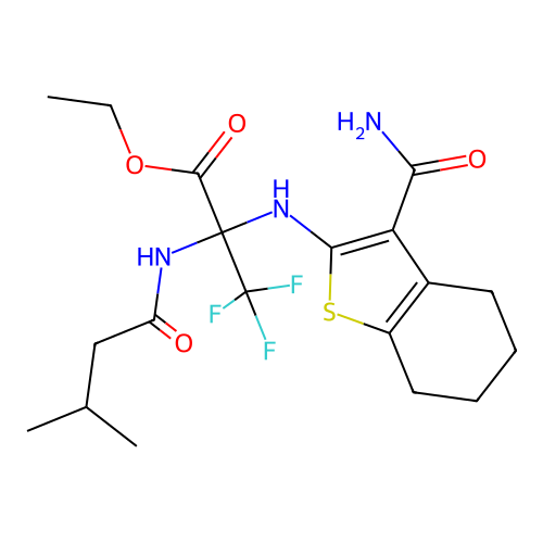 2-(3-Carbamoyl-4,5,6,7-tetrahydro-benzo[b]thiophen-2-ylamino)-3,3,3-trifluoro-2-(3-methyl-butyrylamin o)-propionic acid ethyl ester structure