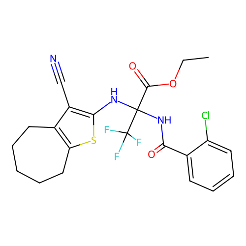 ethyl 2-[(2-chlorobenzoyl)amino]-2-[(3-cyano-5,6,7,8-tetrahydro-4H-cyclohepta[b]thiophen-2-yl)amino]-3,3,3-trifluoropropanoate structure