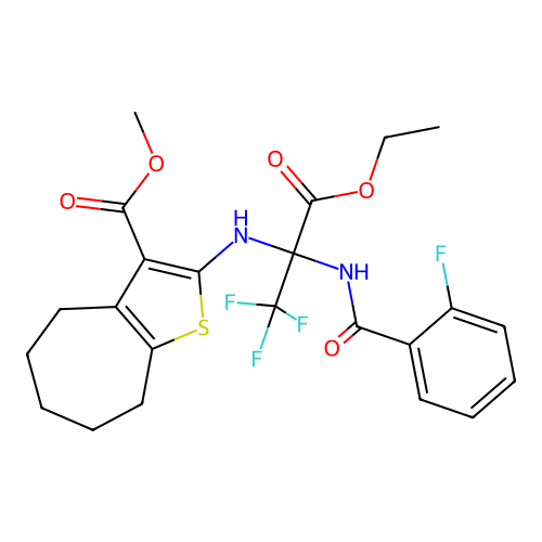 methyl 2-((3-ethoxy-1,1,1-trifluoro-2-(2-fluorobenzamido)-3-oxopropan-2-yl)amino)-5,6,7,8-tetrahydro-4H-cyclohepta[b]thiophene-3-carboxylate structure