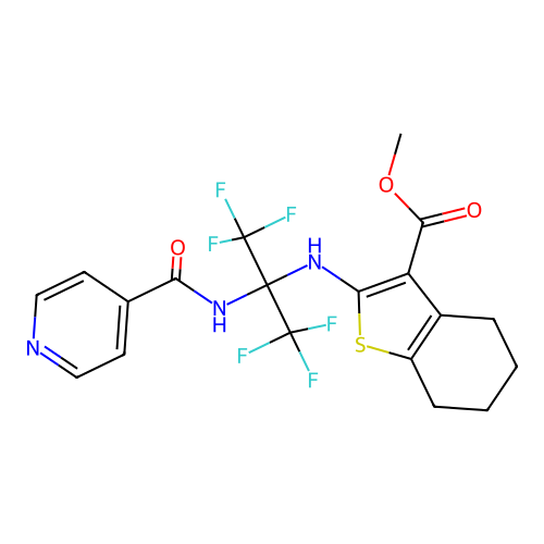 methyl 2-((1,1,1,3,3,3-hexafluoro-2-(isonicotinamido)propan-2-yl)amino)-4,5,6,7-tetrahydrobenzo[b]thiophene-3-carboxylate structure