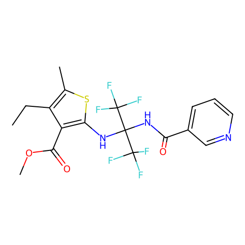 methyl 4-ethyl-2-((1,1,1,3,3,3-hexafluoro-2-(nicotinamido)propan-2-yl)amino)-5-methylthiophene-3-carboxylate structure
