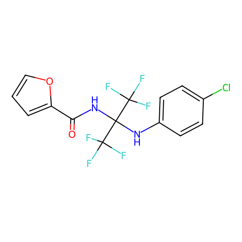 N-(2-((4-chlorophenyl)amino)-1,1,1,3,3,3-hexafluoropropan-2-yl)furan-2-carboxamide structure