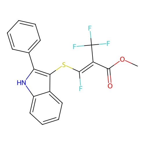 (Z)-methyl 3-fluoro-3-((2-phenyl-1H-indol-3-yl)thio)-2-(trifluoromethyl)acrylate structure