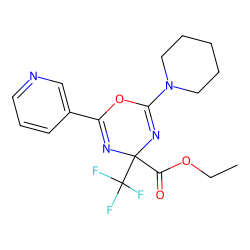Ethyl 2-piperidino-6-(3-pyridyl)-4-(trifluoromethyl)-4H-1,3,5-oxadiazine-4-carboxylate structure