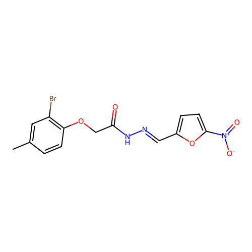 2-(2-bromo-4-methylphenoxy)-N'-({5-nitro-2-furyl}methylene)acetohydrazide structure