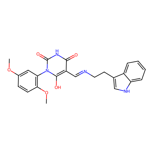 1-(2,5-dimethoxyphenyl)-5-[[2-(1H-indol-3-yl)ethylamino]methylidene]-1,3-diazinane-2,4,6-trione structure