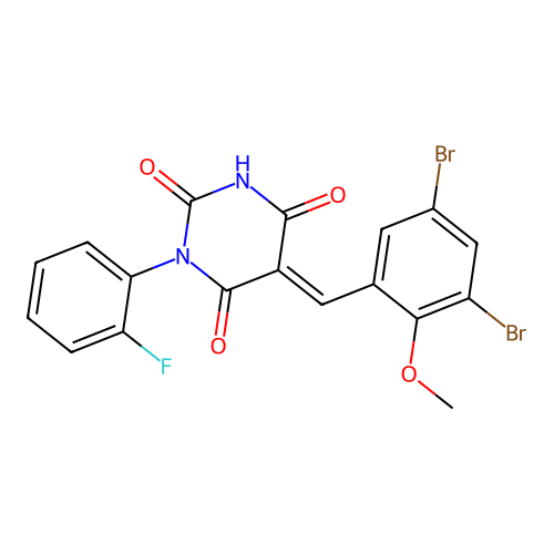 (E)-5-(3,5-dibromo-2-methoxybenzylidene)-1-(2-fluorophenyl)pyrimidine-2,4,6(1H,3H,5H)-trione structure