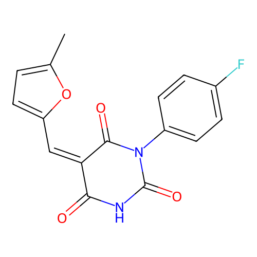 (5Z)-1-(4-fluorophenyl)-5-[(5-methylfuran-2-yl)methylidene]-1,3-diazinane-2,4,6-trione structure