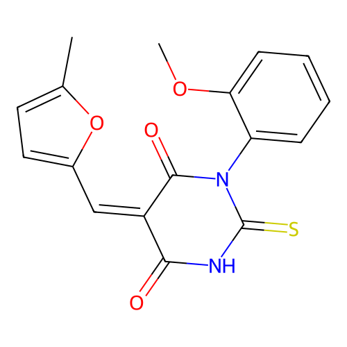 (5Z)-1-(2-methoxyphenyl)-5-[(5-methylfuran-2-yl)methylidene]-2-thioxodihydropyrimidine-4,6(1H,5H)-dione structure