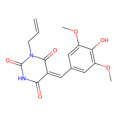 (Z)-1-allyl-5-(4-hydroxy-3,5-dimethoxybenzylidene)pyrimidine-2,4,6(1H,3H,5H)-trione structure