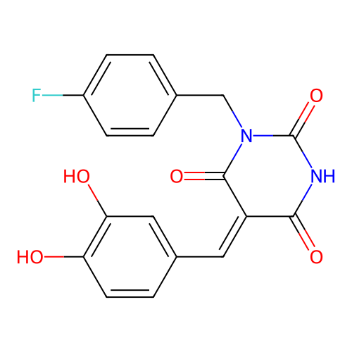 5-(3,4-dihydroxybenzylidene)-1-(4-fluorobenzyl)-2,4,6(1H,3H,5H)-pyrimidinetrione structure