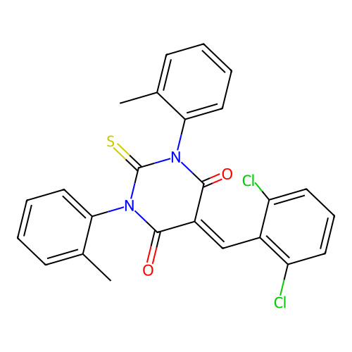 5-(2,6-dichlorobenzylidene)-1,3-bis(2-methylphenyl)-2-thioxodihydro-4,6(1H,5H)-pyrimidinedione structure