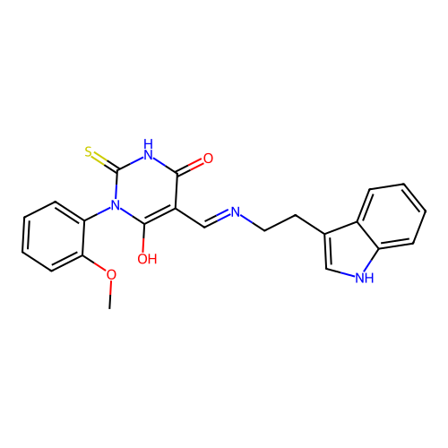 (5E)-5-({[2-(1H-indol-3-yl)ethyl]amino}methylidene)-1-(2-methoxyphenyl)-2-sulfanylpyrimidine-4,6(1H,5H)-dione structure