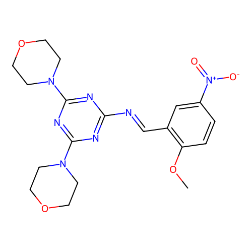 2-({5-Nitro-2-methoxybenzylidene}amino)-4,6-di(4-morpholinyl)-1,3,5-triazine structure