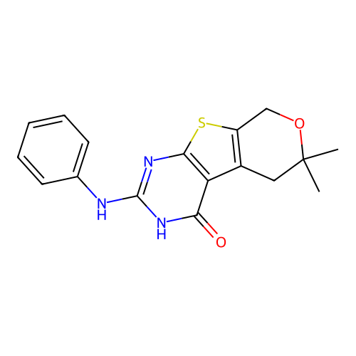 6,6-dimethyl-2-(phenylamino)-5,6-dihydro-3H-pyrano[4',3':4,5]thieno[2,3-d]pyrimidin-4(8H)-one structure