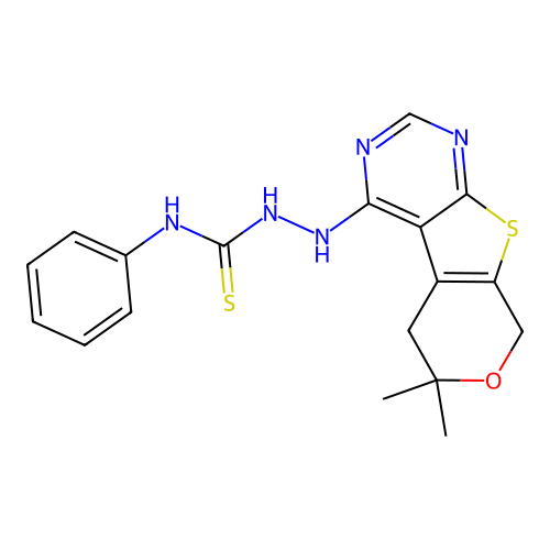 2-(6,6-dimethyl-5,8-dihydro-6H-pyrano[4',3':4,5]thieno[2,3-d]pyrimidin-4-yl)-N-phenylhydrazinecarbothioamide structure