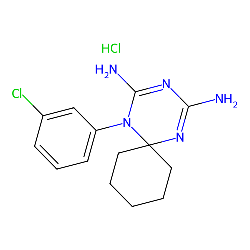 5-(3-chlorophenyl)-1,3,5-triazaspiro[5.5]undeca-1,3-diene-2,4-diamine hydrochloride structure