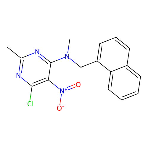 6-chloro-N,2-dimethyl-N-(naphthalen-1-ylmethyl)-5-nitropyrimidin-4-amine structure