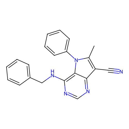 4-(benzylamino)-6-methyl-5-phenyl-5H-pyrrolo[3,2-d]pyrimidine-7-carbonitrile structure