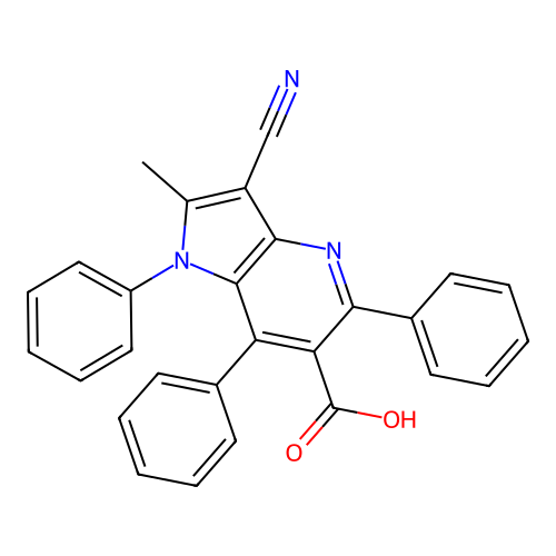 3-cyano-2-methyl-1,5,7-triphenyl-1H-pyrrolo[3,2-b]pyridine-6-carboxylic acid structure