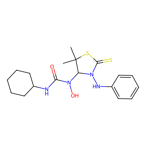 1-(3-anilino-5,5-dimethyl-2-sulfanylidene-1,3-thiazolidin-4-yl)-3-cyclohexyl-1-hydroxyurea structure