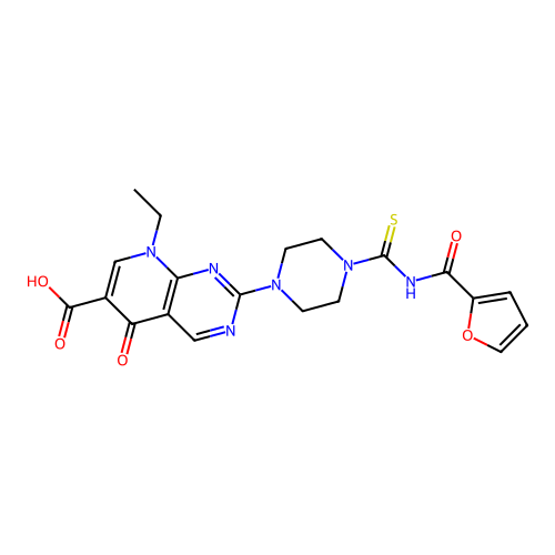 8-ethyl-2-{4-[(furan-2-ylcarbonyl)carbamothioyl]piperazin-1-yl}-5-oxo-5,8-dihydropyrido[2,3-d]pyrimidine-6-carboxylic acid structure
