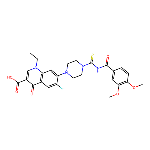 7-(4-((3,4-dimethoxybenzoyl)carbamothioyl)piperazin-1-yl)-1-ethyl-6-fluoro-4-oxo-1,4-dihydroquinoline-3-carboxylic acid structure