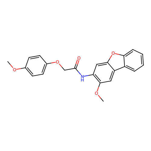 N-(2-methoxydibenzofuran-3-yl)-2-(4-methoxyphenoxy)acetamide structure