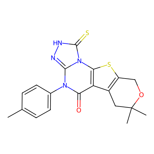7,7-dimethyl-4-(4-methylphenyl)-1-thioxo-2,4,6,9-tetrahydro-7H-pyrano[4',3':4,5]thieno[3,2-e][1,2,4]triazolo[4,3-a]pyrimidin-5(1H)-one structure