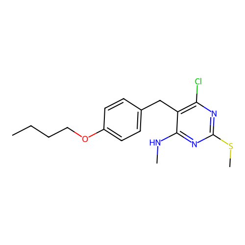 5-(4-butoxybenzyl)-6-chloro-N-methyl-2-(methylsulfanyl)pyrimidin-4-amine structure