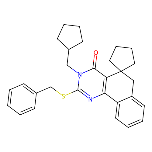 2-(benzylsulfanyl)-3-(cyclopentylmethyl)-3H-spiro[benzo[h]quinazoline-5,1'-cyclopentan]-4(6H)-one structure