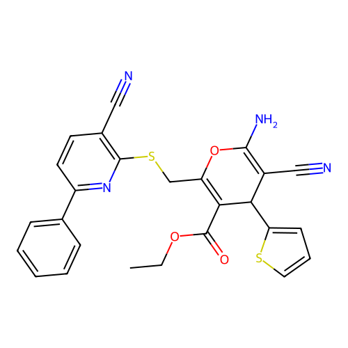 ethyl 6-amino-5-cyano-2-[(3-cyano-6-phenylpyridin-2-yl)sulfanylmethyl]-4-thiophen-2-yl-4H-pyran-3-carboxylate structure