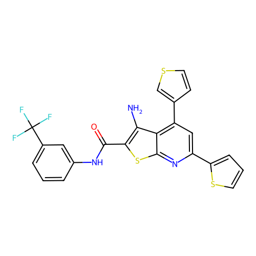 3-amino-6-(thiophen-2-yl)-4-(thiophen-3-yl)-N-(3-(trifluoromethyl)phenyl)thieno[2,3-b]pyridine-2-carboxamide structure