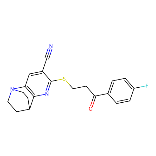 5-{[3-(4-fluorophenyl)-3-oxopropyl]sulfanyl}-1,6-diazatricyclo[6.2.2.0~2,7~]dodeca-2,4,6-triene-4-carbonitrile structure