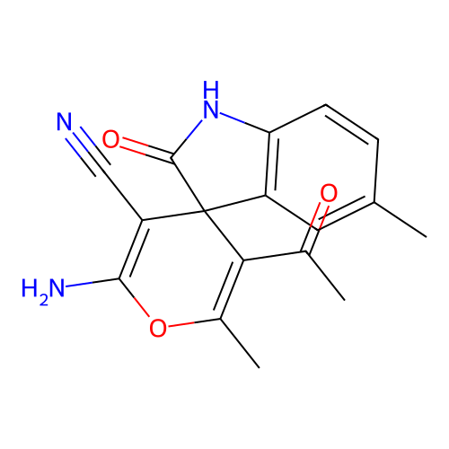 5'-acetyl-2'-amino-5,6'-dimethyl-2-oxospiro[1H-indole-3,4'-pyran]-3'-carbonitrile structure