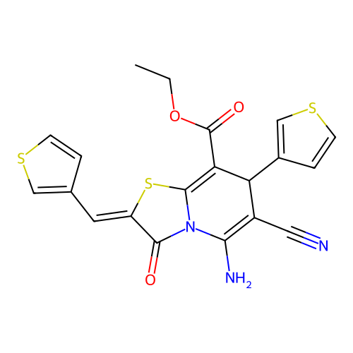 (Z)-ethyl 5-amino-6-cyano-3-oxo-7-(thiophen-3-yl)-2-(thiophen-3-ylmethylene)-3,7-dihydro-2H-thiazolo[3,2-a]pyridine-8-carboxylate structure