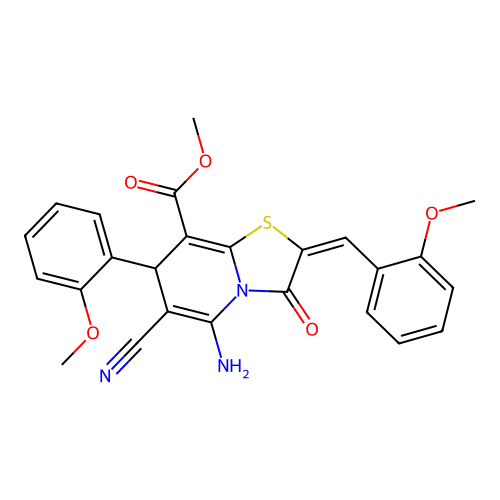 methyl (2E)-5-amino-6-cyano-7-(2-methoxyphenyl)-2-[(2-methoxyphenyl)methylidene]-3-oxo-7H-[1,3]thiazolo[3,2-a]pyridine-8-carboxylate structure