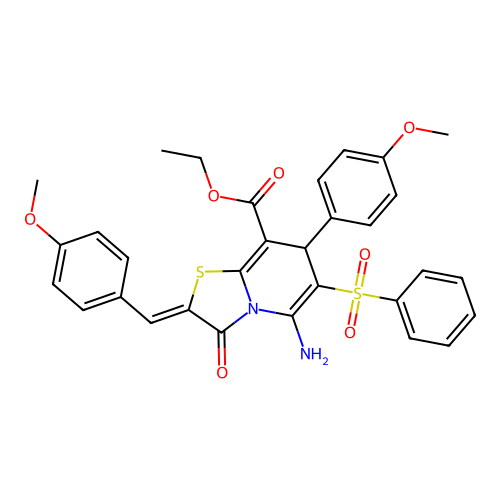 ethyl 5-amino-2-(4-methoxybenzylidene)-7-(4-methoxyphenyl)-3-oxo-6-(phenylsulfonyl)-2,3-dihydro-7H-[1,3]thiazolo[3,2-a]pyridine-8-carboxylate structure