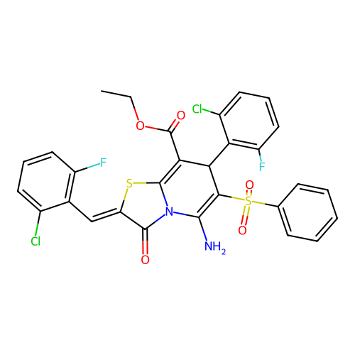 ethyl 5-amino-2-(2-chloro-6-fluorobenzylidene)-7-(2-chloro-6-fluorophenyl)-3-oxo-6-(phenylsulfonyl)-2,3-dihydro-7H-[1,3]thiazolo[3,2-a]pyridine-8-carboxylate structure