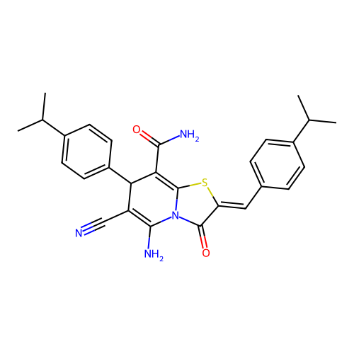 5-amino-6-cyano-2-(4-isopropylbenzylidene)-7-(4-isopropylphenyl)-3-oxo-2,3-dihydro-7H-[1,3]thiazolo[3,2-a]pyridine-8-carboxamide structure