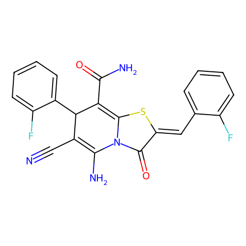 5-amino-6-cyano-2-(2-fluorobenzylidene)-7-(2-fluorophenyl)-3-oxo-2,3-dihydro-7H-[1,3]thiazolo[3,2-a]pyridine-8-carboxamide structure