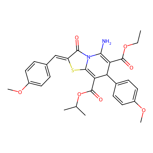 6-ethyl 8-isopropyl 5-amino-2-(4-methoxybenzylidene)-7-(4-methoxyphenyl)-3-oxo-2,3-dihydro-7H-[1,3]thiazolo[3,2-a]pyridine-6,8-dicarboxylate structure