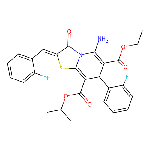 6-ethyl 8-isopropyl 5-amino-2-(2-fluorobenzylidene)-7-(2-fluorophenyl)-3-oxo-2,3-dihydro-7H-[1,3]thiazolo[3,2-a]pyridine-6,8-dicarboxylate structure