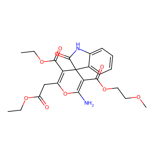 5'-ethyl 3'-(2-methoxyethyl) 2'-amino-6'-(2-ethoxy-2-oxoethyl)-2-oxo-1,2-dihydrospiro[indole-3,4'-pyran]-3',5'-dicarboxylate structure