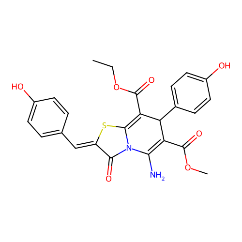 8-ethyl 6-methyl 5-amino-2-(4-hydroxybenzylidene)-7-(4-hydroxyphenyl)-3-oxo-2,3-dihydro-7H-[1,3]thiazolo[3,2-a]pyridine-6,8-dicarboxylate structure