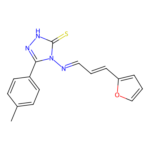 4-((E)-((E)-3-(furan-2-yl)allylidene)amino)-5-(p-tolyl)-4H-1,2,4-triazole-3-thiol structure