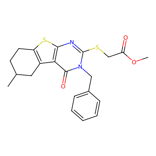 methyl [(3-benzyl-6-methyl-4-oxo-3,4,5,6,7,8-hexahydro[1]benzothieno[2,3-d]pyrimidin-2-yl)sulfanyl]acetate structure