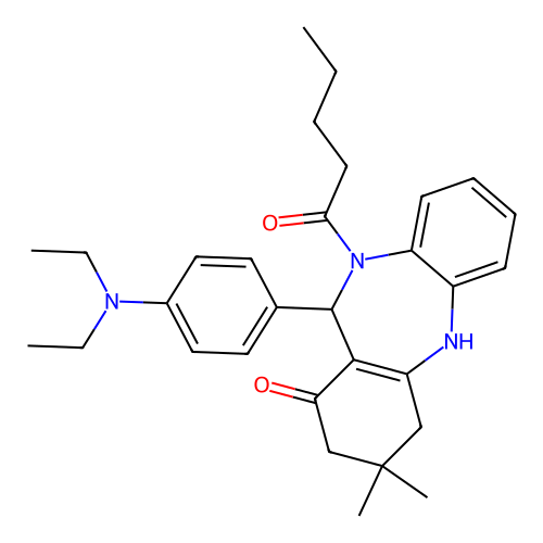 11-[4-(diethylamino)phenyl]-3,3-dimethyl-10-pentanoyl-2,3,4,5,10,11-hexahydro-1H-dibenzo[b,e][1,4]diazepin-1-one structure